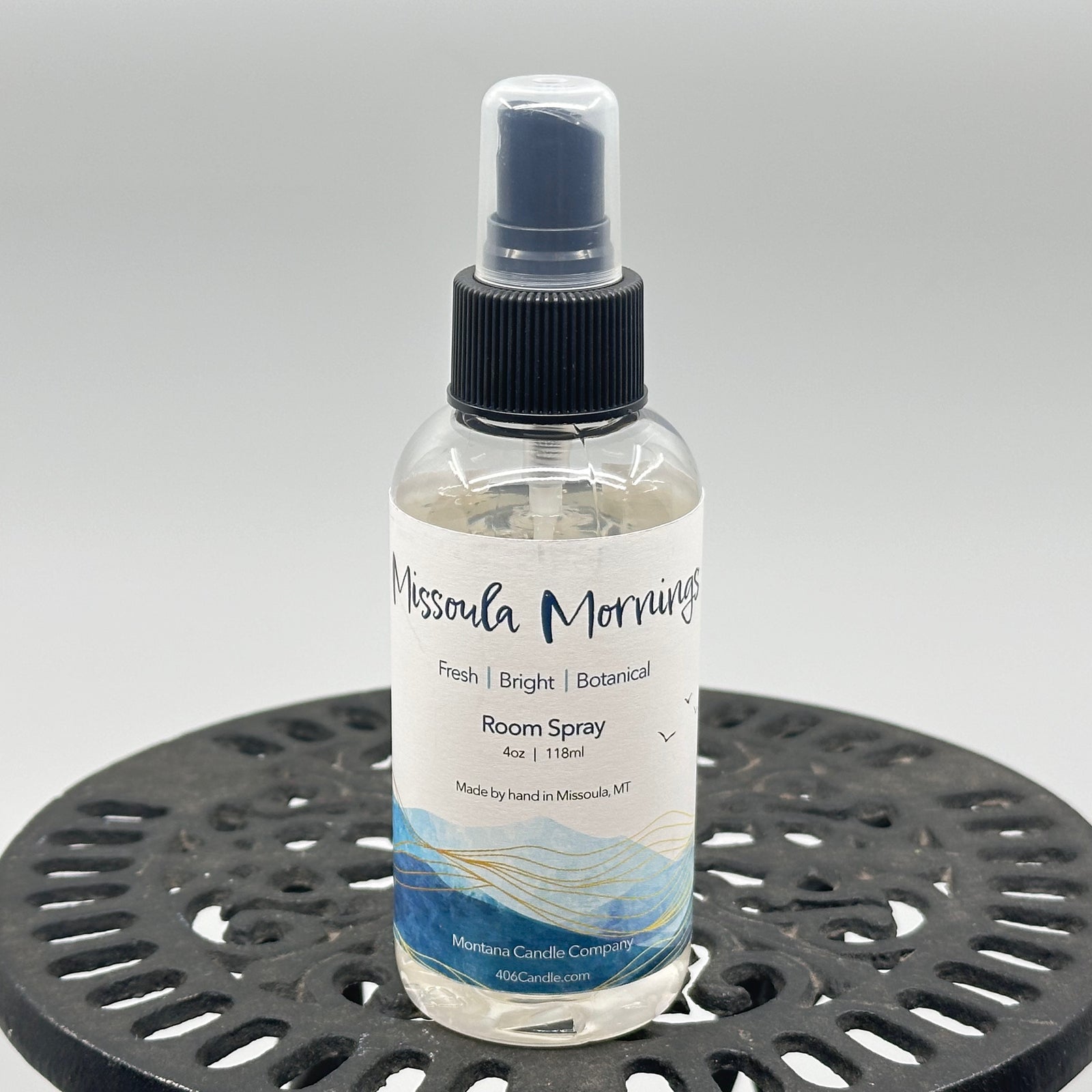 Missoula Mornings Room Spray (with a fresh, bright, and botanical scent) in a 4 oz. spray bottle, handmade in Missoula, MT USA by Montana Candle Company