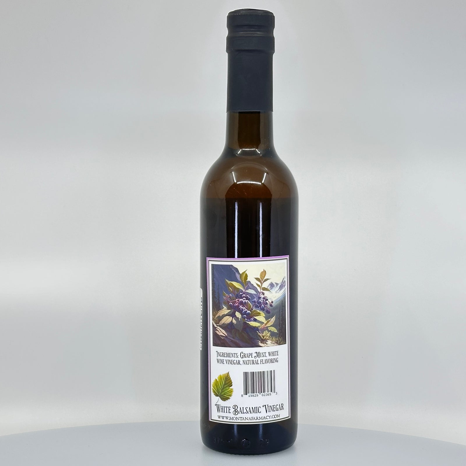 375 ml bottle of Iced Huckleberry White Balsamic, made in Montana by Montana Pharmacy, ingredients