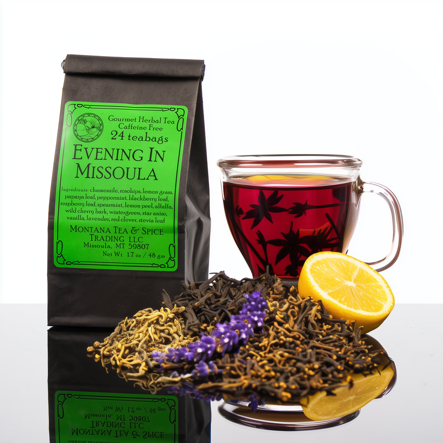 1.7 oz bag of Montana Tea & Spice Trading LLC's Evening in Missoula (24 teabags, caffeine free)—Montana-made tea for gifting and sipping--showing ingredients