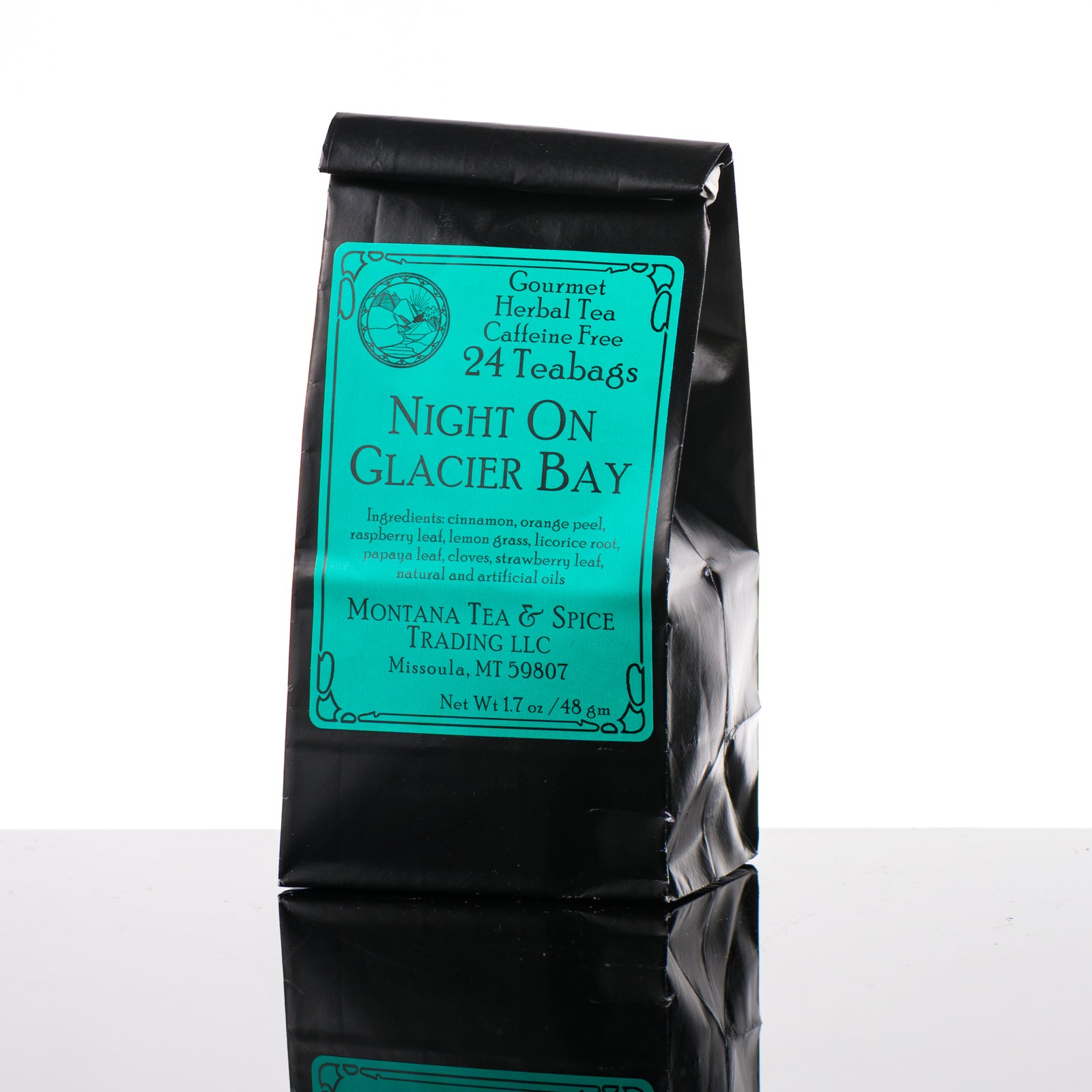 1.7 oz bag of Montana Tea & Spice Trading LLC's Night on Glacier Bay (24 teabags, caffeine free)—Montana-made tea for gifting and sipping