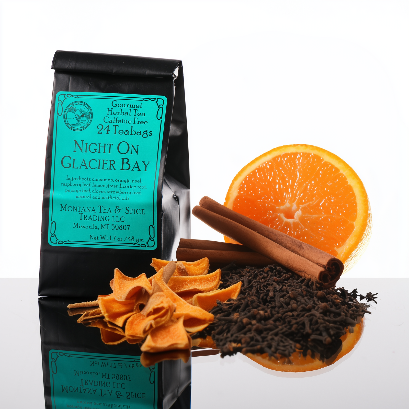 1.7 oz bag of Montana Tea & Spice Trading LLC's Night on Glacier Bay (24 teabags, caffeine free)—Montana-made tea for gifting and sipping--showing ingredients
