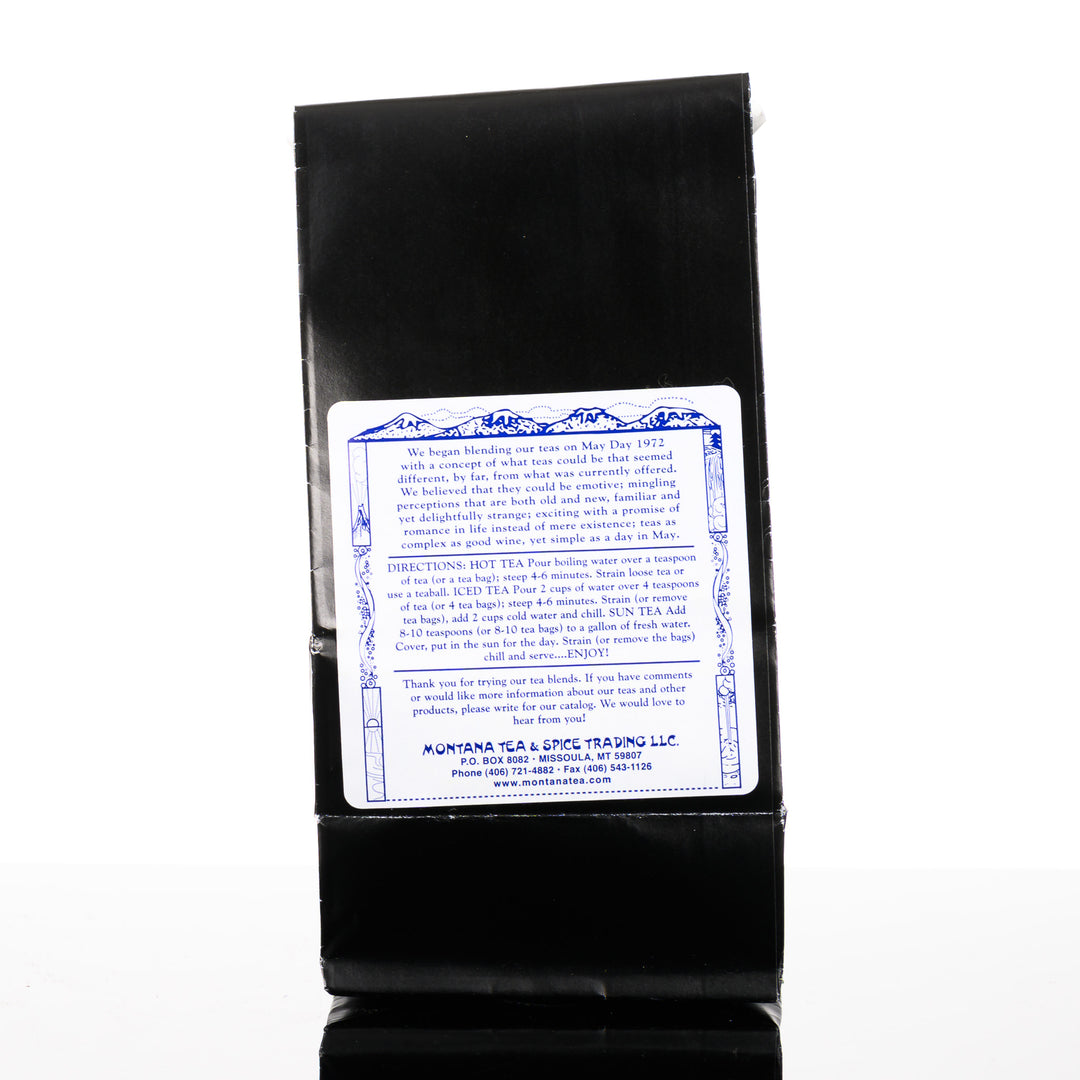 1.7 oz bag of Montana Tea & Spice Trading LLC's Purple Mountains Majesty Tea (24 teabags, caffeine free), description and brewing directions—Montana-made tea for gifting and sipping