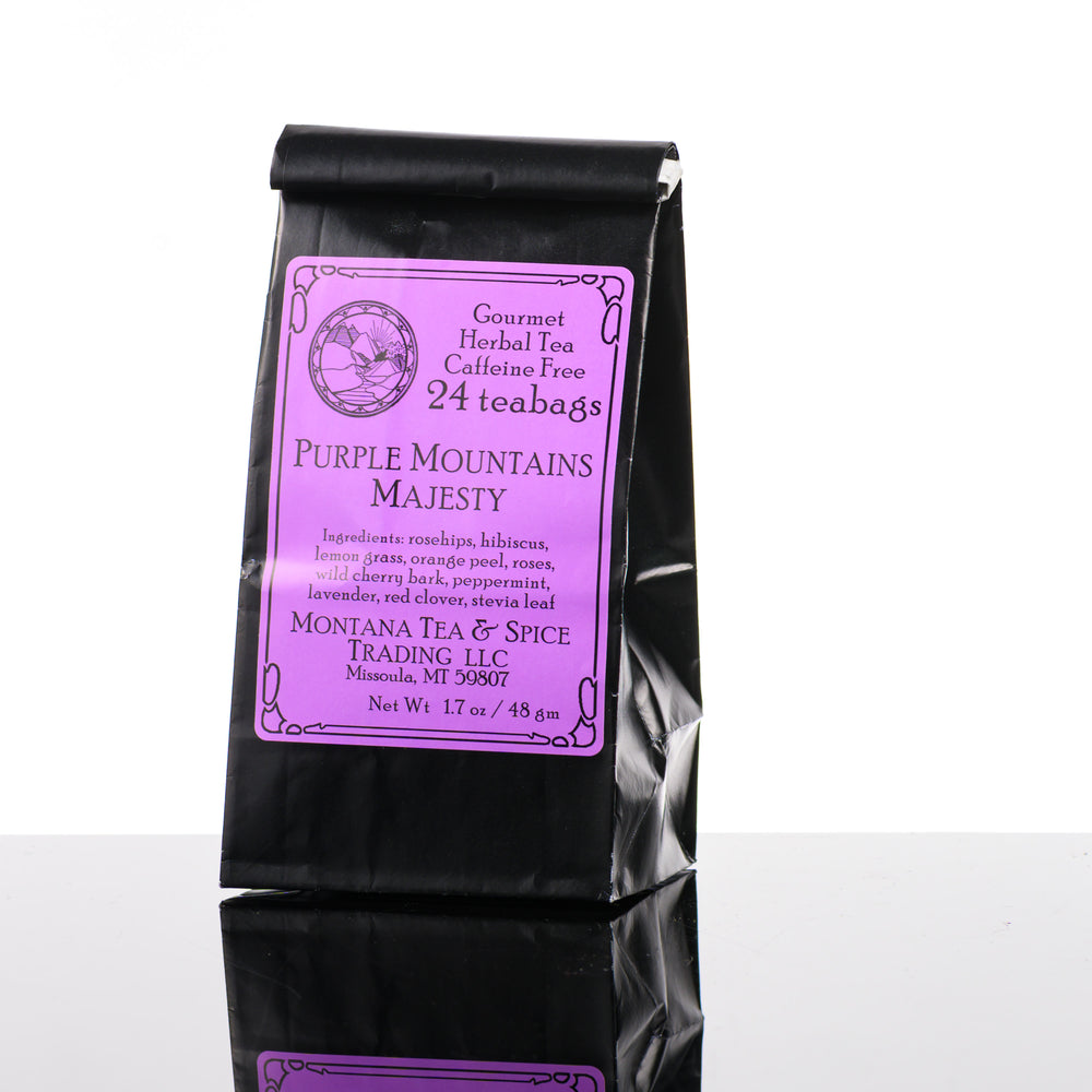 This black and purple bag includes 24 teabags of gourmet, herbal tea that is caffeine free. Montana Tea and Spice LLC's Purple Mountains Majesty tea—Montana-made tea for gifting and sipping