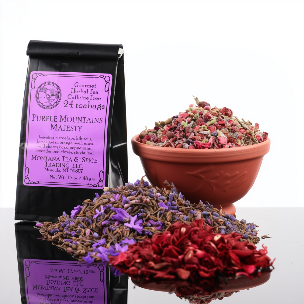 This black and purple bag includes 24 teabags of gourmet, herbal tea that is caffeine free. Montana Tea and Spice LLC's Purple Mountains Majesty tea—Montana-made tea for gifting and sipping. Image includes ingredients.