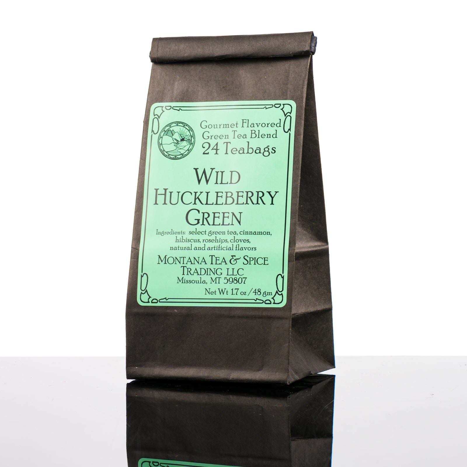 1.7 oz bag of Montana Tea & Spice Trading LLC's Wild Huckleberry Green Tea (24 teabags, caffeine free)—Montana-made tea for gifting and sipping