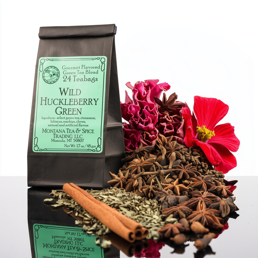1.7 oz bag of Montana Tea & Spice Trading LLC's Wild Huckleberry Green Tea (24 teabags, caffeine free)—Montana-made tea for gifting and sipping--showing ingredients