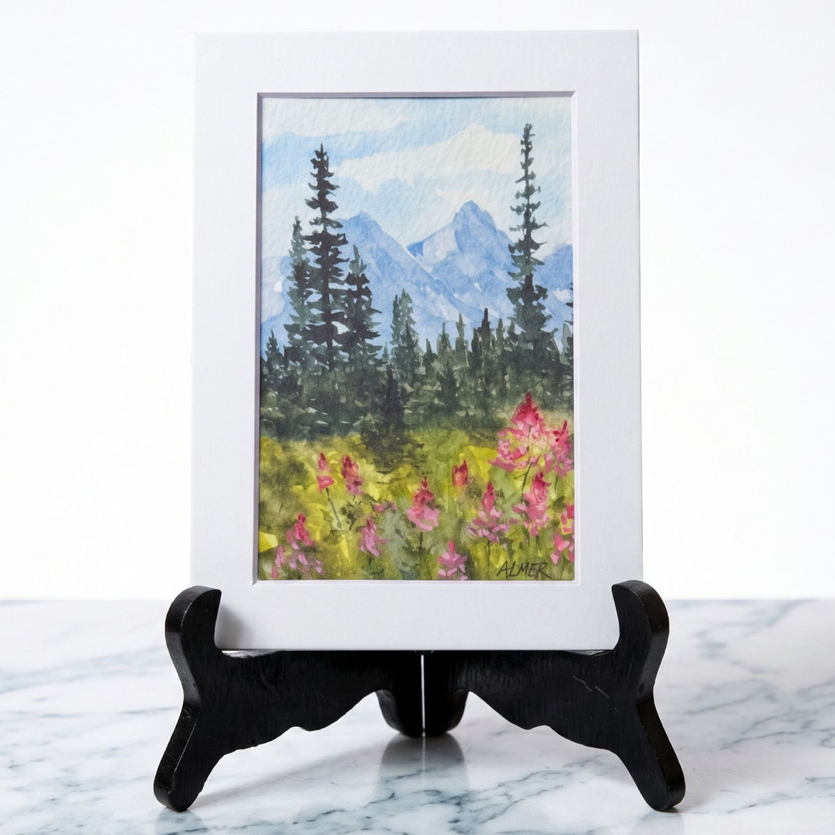 Bring the beauty of high-country wildflowers home with the Mountain Fireweed Matted Print by Stark Mountain Studio—a 5x7 Bobbe Almer watercolor reproduction.