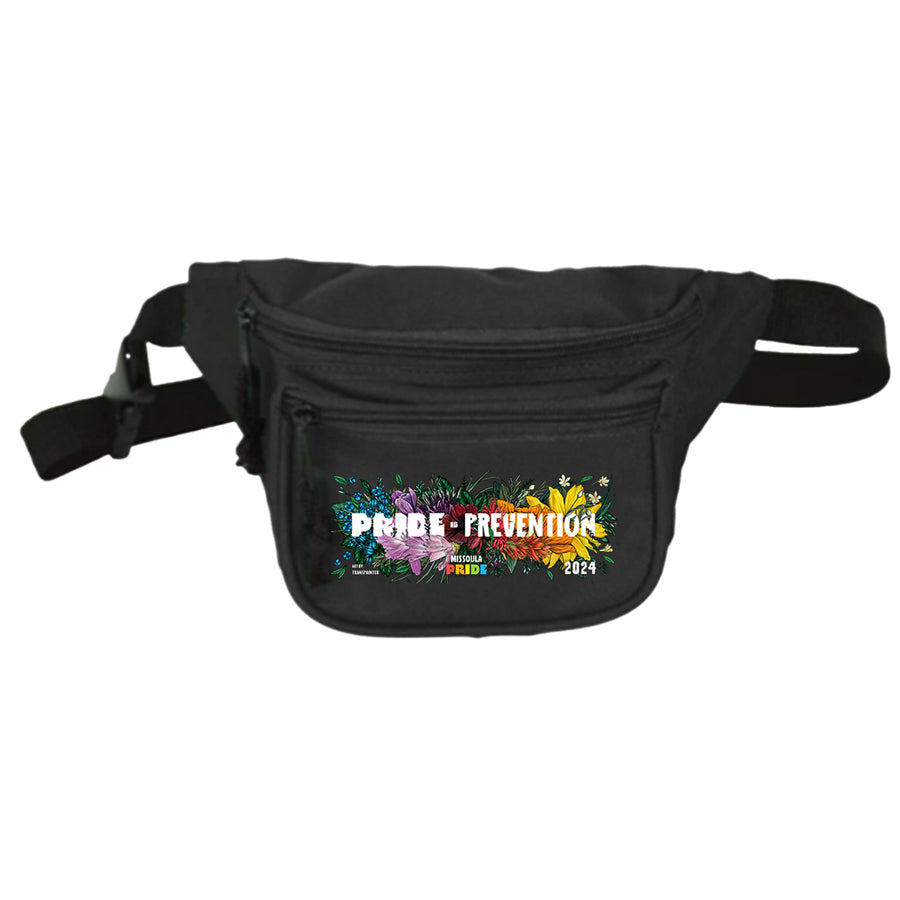 Black fanny pack / bumbag featuring the 2024 Missoula PRIDE design Pride is Prevention, front