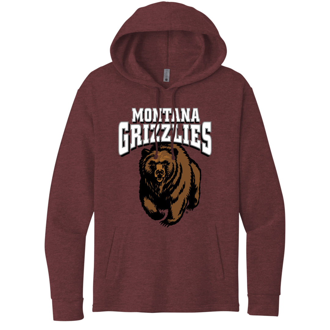 Blue Peak Creative's maroon Pullover Hoodie with Montana Grizzlies Charging Bear design