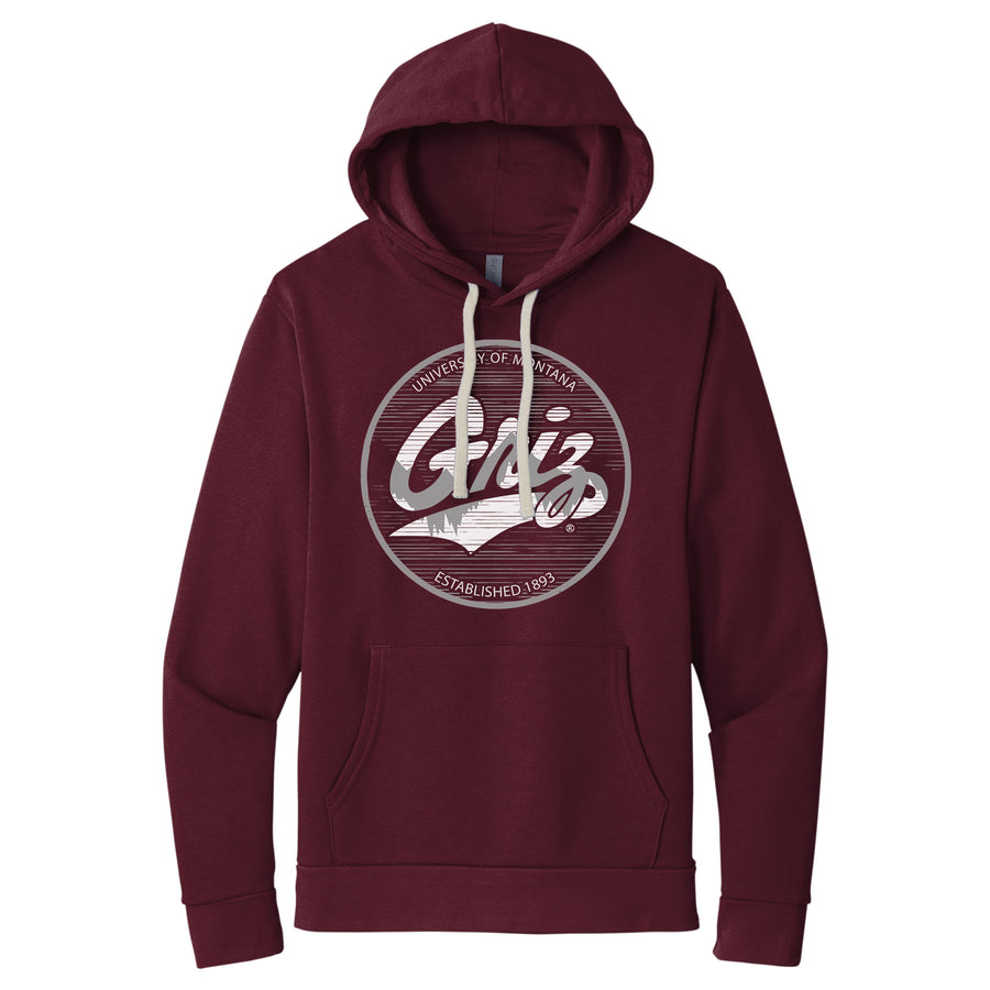 Blue Peaks Creative's maroon Santa Cruz Pullover Hoodie with the Griz Script Badge design in grey and white