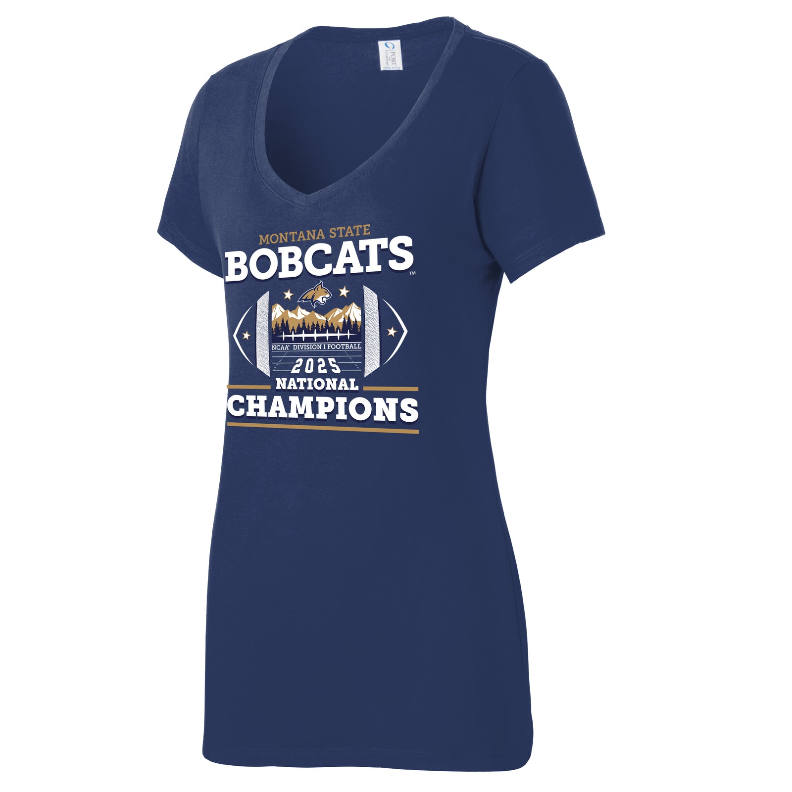 This is a Navy Blue short-sleeved V-neck t-shirt with a tapered, feminine fit. The fabric is thin, soft, and smooth to the touch. On the front, there is a large, multi-layered screen-printed graphic. You can feel the distinct edges of the block lettering for "Bobcats" and "Champions," along with the slightly raised texture of the central football-shaped emblem that contains sharp mountain peaks.