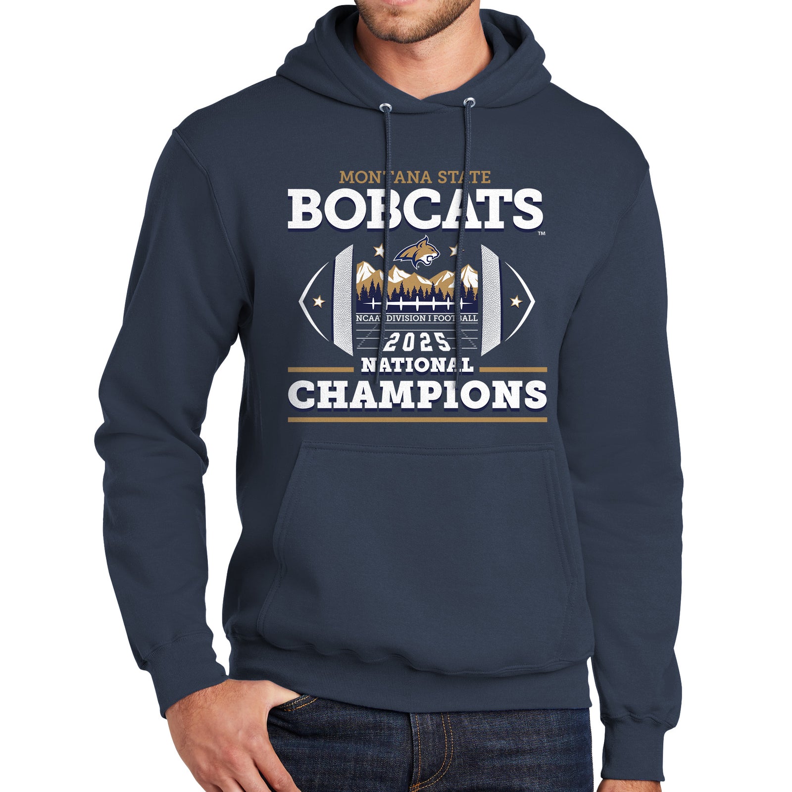 Navy blue hoodie with 'Montana State Bobcats 2025 National Champions' text and graphics on a white background