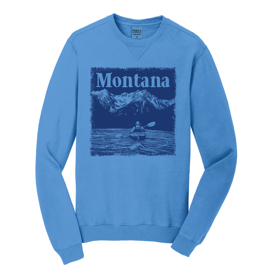 Blue-on-blue Garment-Dyed Crewneck Sweatshirt with the Kayak Stamp design by Blue Peak Creative