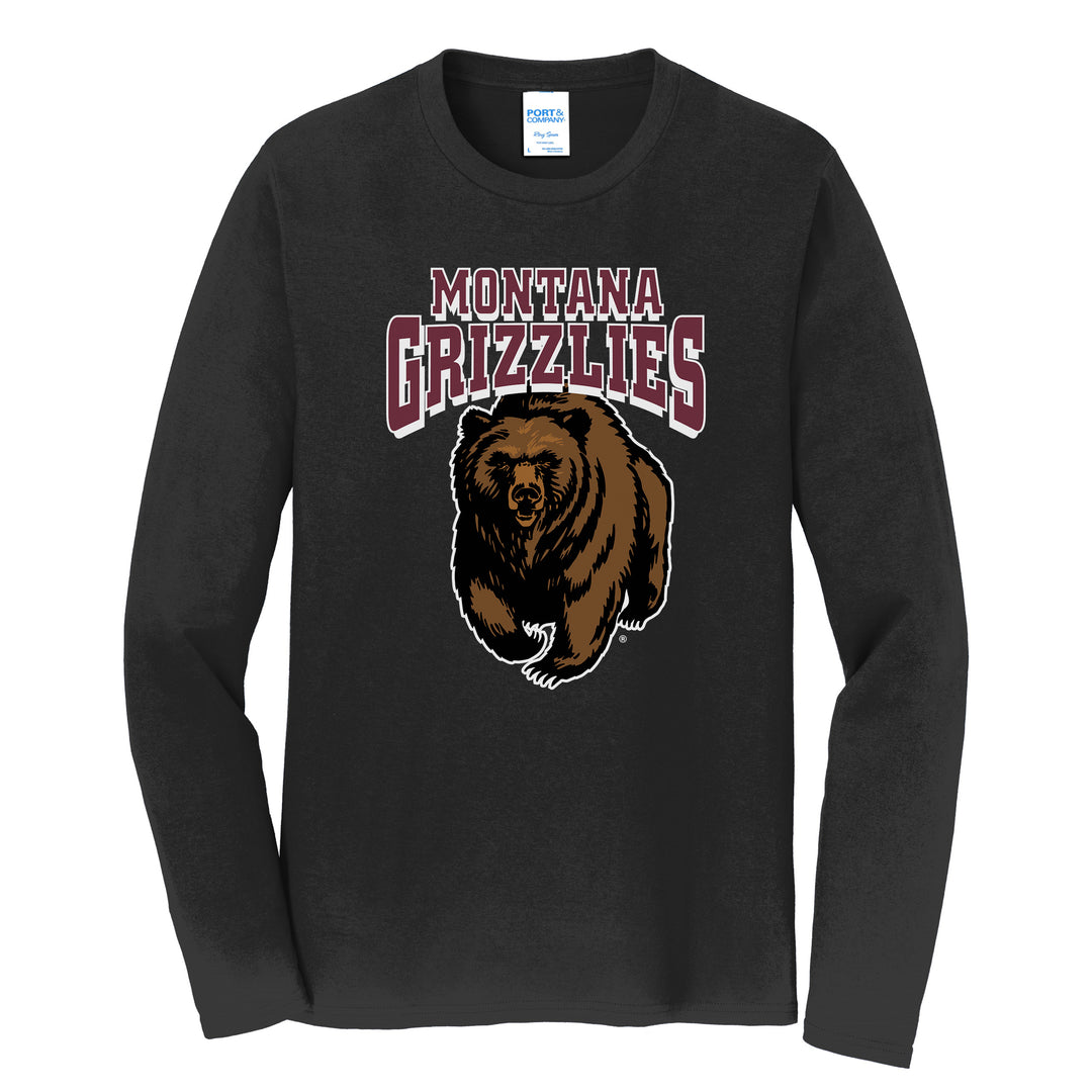 A black long sleeve T-shirt screen printed with the University of Montana Grizzlies' iconic charging bear logo