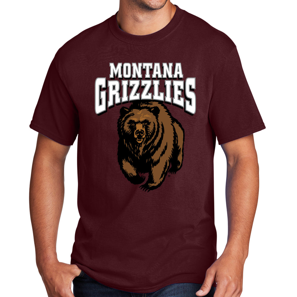 Blue Peak Creative's maroon Core Cotton T-shirt printed with the University of Montana logo of the charging bear