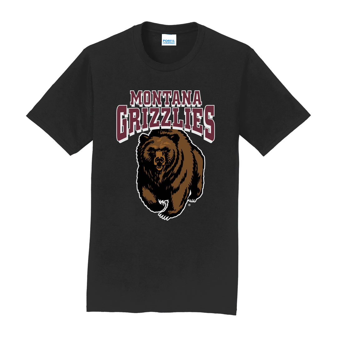 A black T-shirt printed with the University of Montana logo of the charging bear