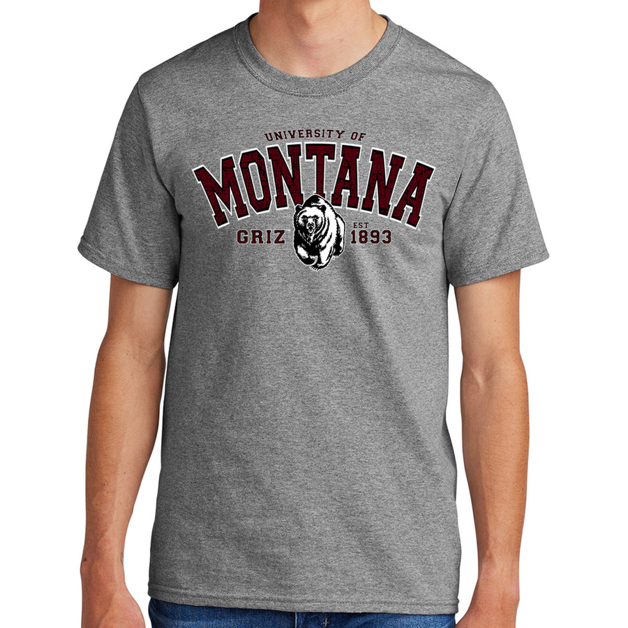 Blue Peaks Creative's heather grey Cotton Blend T-shirt with the Montana Grizzlies Charging Bear design