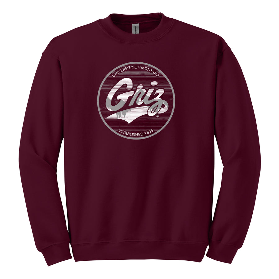 Blue Peaks Creative's maroon Core Fleece Crewneck Sweatshirt with the Griz Script Badge design in grey and white
