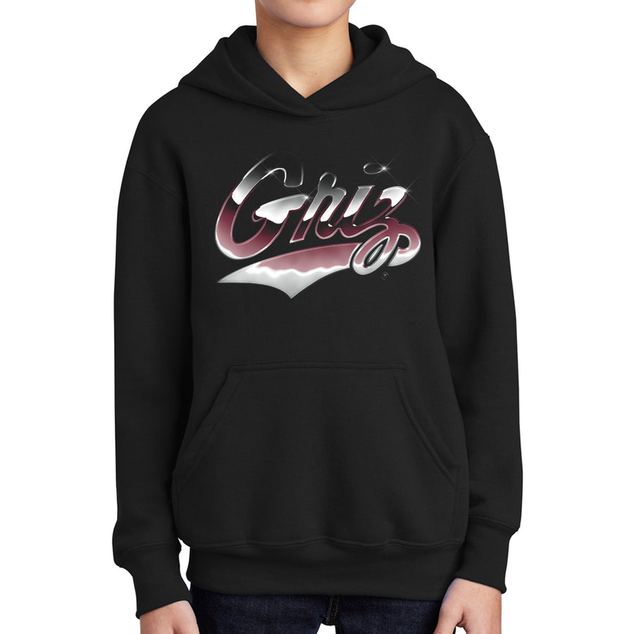 Blue Peaks Creative's black Youth Fleece Pullover Hoodie with the Chrome Griz design in silver and maroon