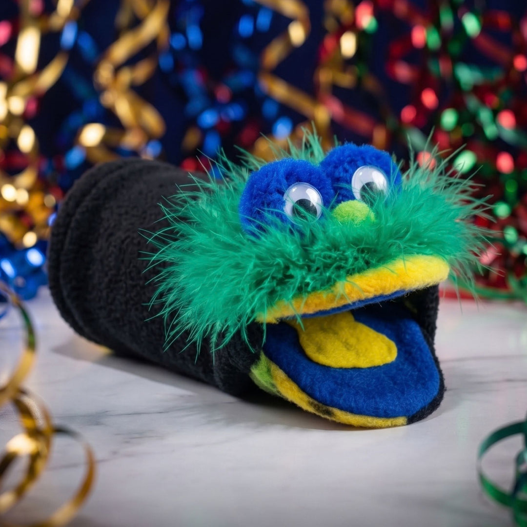 Discover Fuzz Face, a colorful handmade puppet from Montana! Soft fleece, vibrant feathers, &amp; endless fun for puppet shows &amp; gifts. Made in USA.