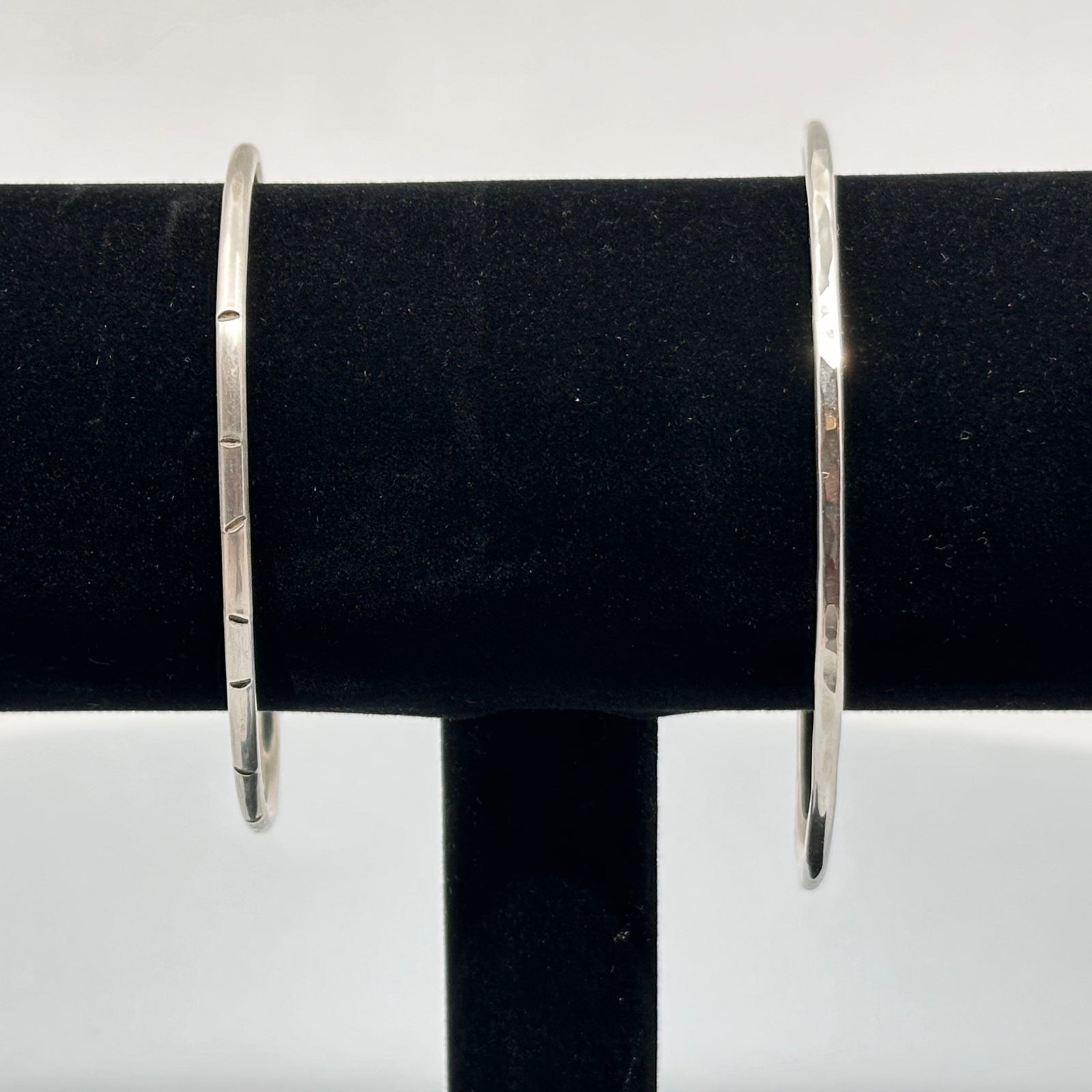 Two Sterling Silver .925 Skinny Cuff Bracelets by Patagonian Hands (partially hammered or gently scored), fine jewelry made in MT