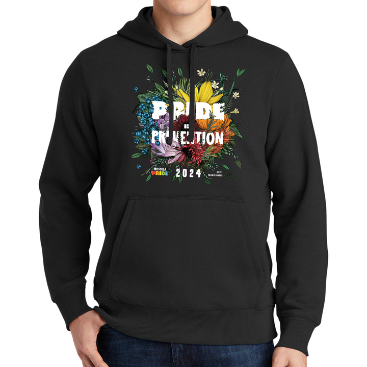 Black hooded sweatshirt featuring the 2024 Missoula PRIDE design Pride is Prevention
