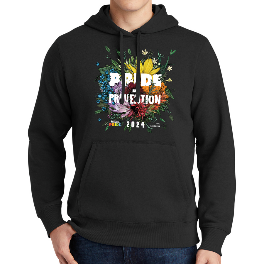 Black hoodie with front pocket featuring the 2024 Missoula PRIDE design 'Pride is Prevention', front