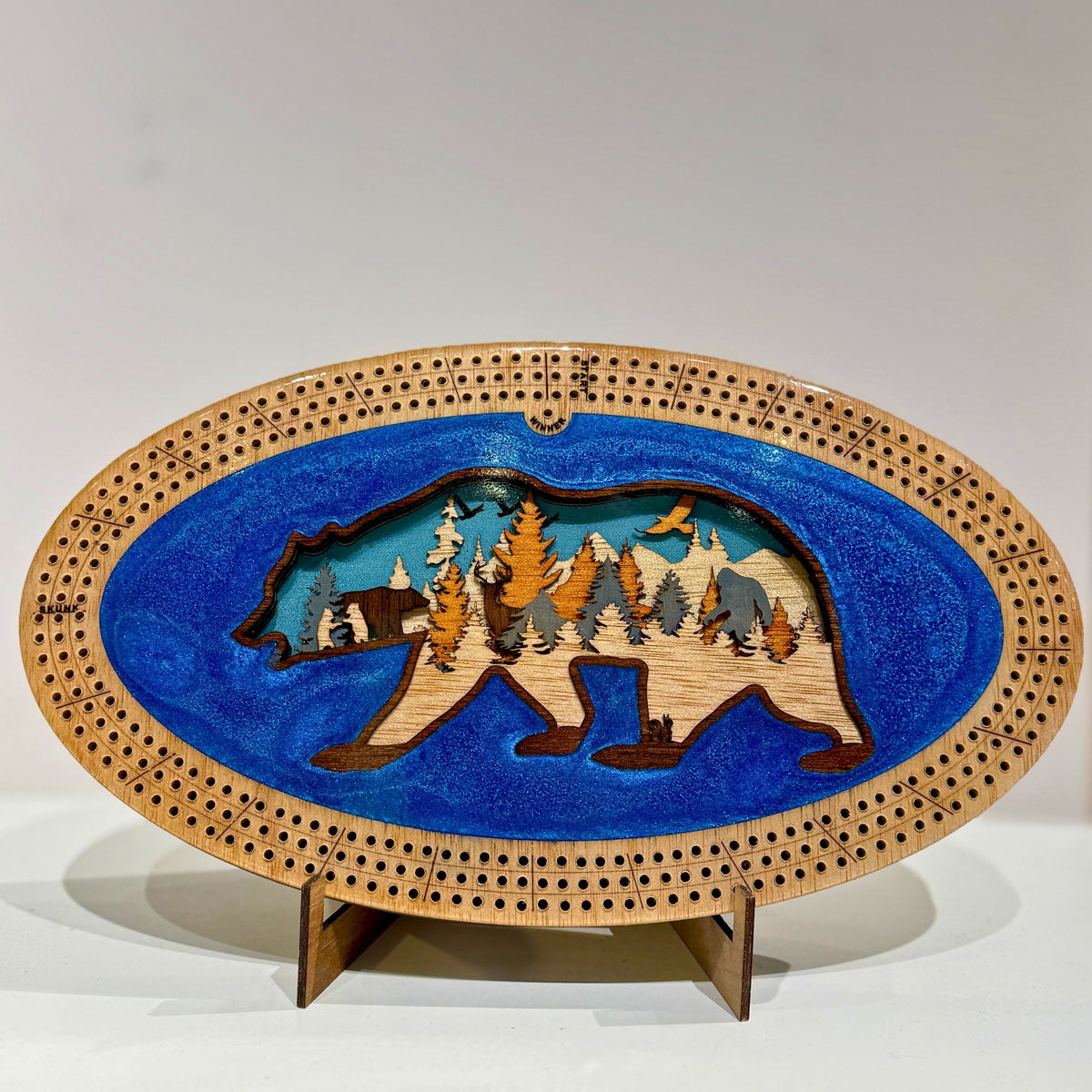 Shop the handcrafted Bear 3D Wood Art & Resin Cribbage Board by RJS Engraving & Design. Includes game pegs—perfect rustic cabin decor and unique game night gift.