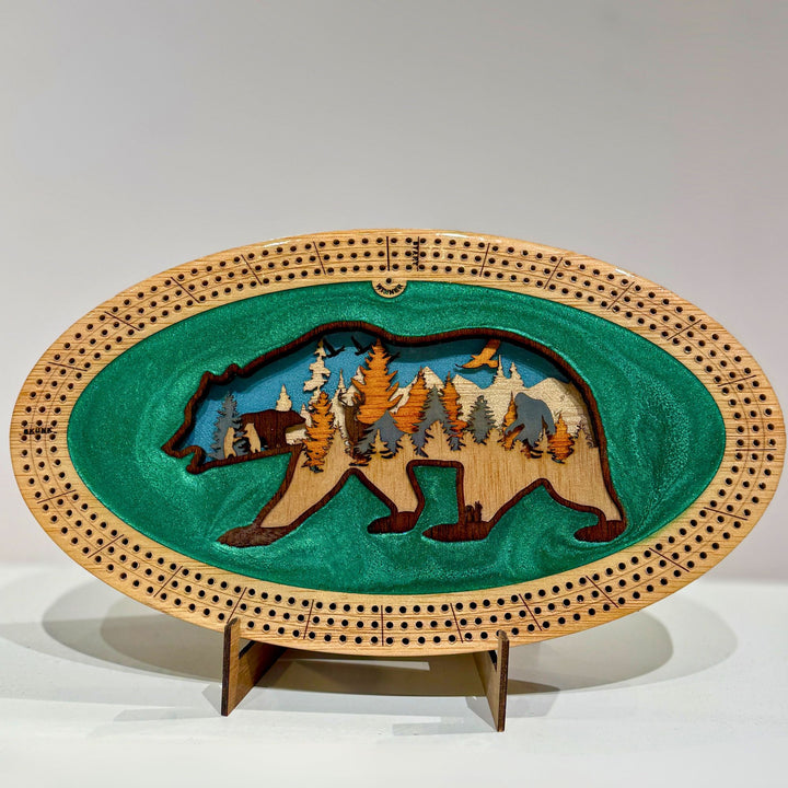 Shop the handcrafted Bear 3D Wood Art &amp; Resin Cribbage Board by RJS Engraving &amp; Design. Includes game pegs—perfect rustic cabin decor and unique game night gift.