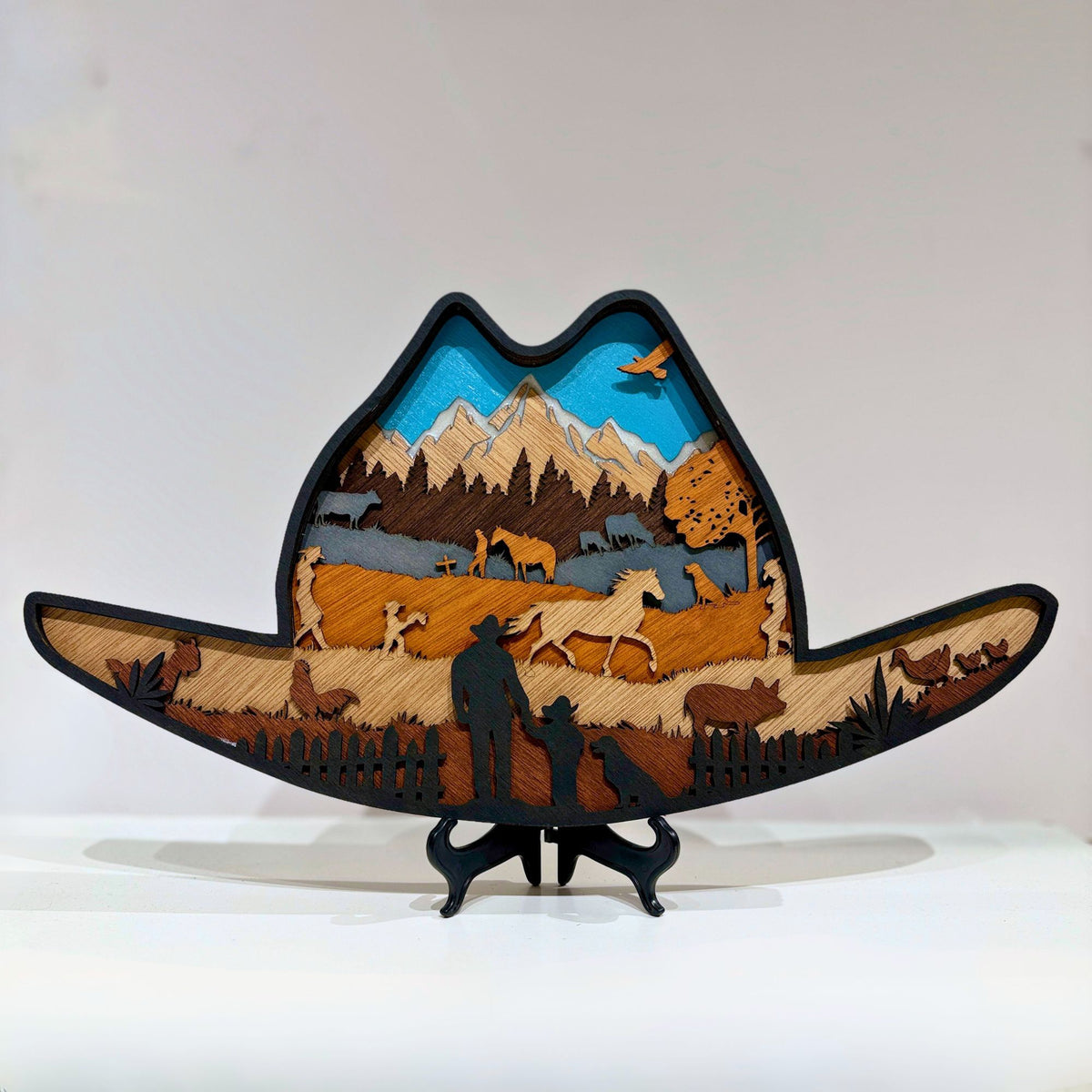 Celebrate Western heritage with handcrafted 3D layered cowboy hat wood art from RJS Engraving & Design. The perfect rustic gift. Made in Montana, USA.