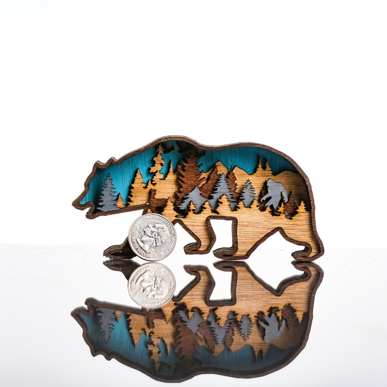 Bear 3D Layered Wood Art made in Montana by RJS Engraving & Design - laser-cut wood art depicting a mountain scene inside the silhouette of a bear, mini with scale