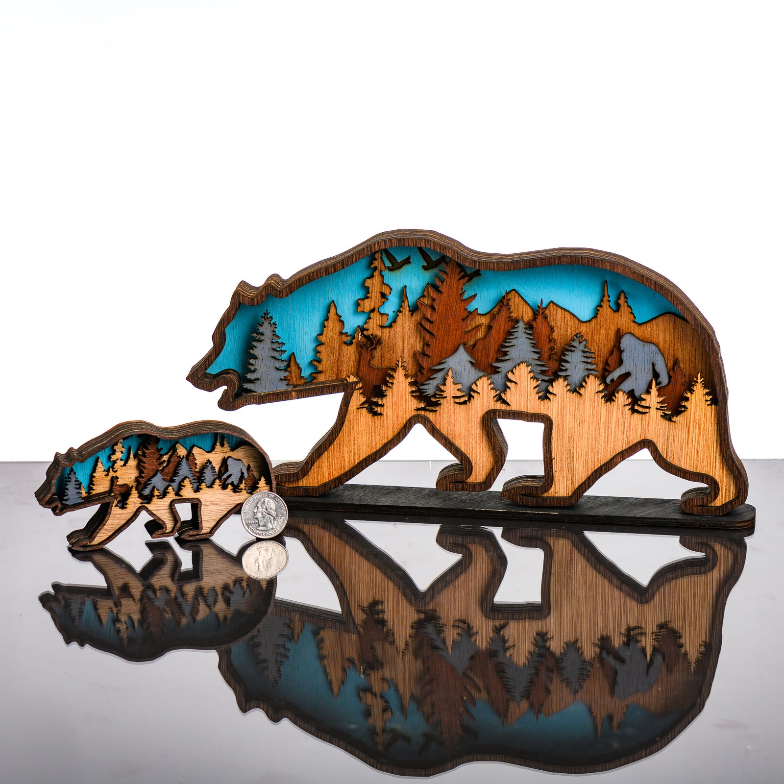 Bear 3D Layered Wood Art made in Montana by RJS Engraving & Design - laser-cut wood art depicting a mountain scene inside the silhouette of a bear