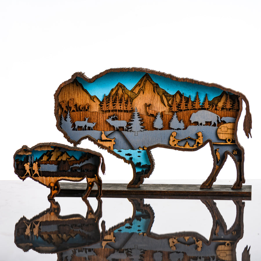 Bison 3D Layered Wood Art made in Montana by RJS Engraving & Design - laser-cut wood art depicting a nature scene inside the silhouette of a bison, multiple sizes