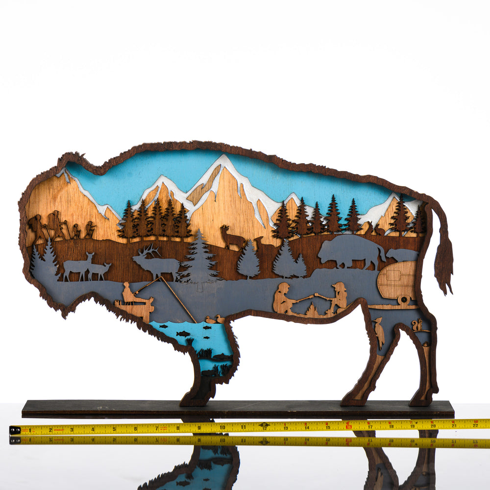 Bison 3D Layered Wood Art made in Montana by RJS Engraving & Design - laser-cut wood art depicting a nature scene inside the silhouette of a bison, XLarge with scale