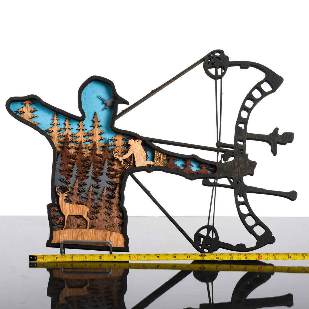 Bow Hunter 3D Layered Wood Art made in Montana by RJS Engraving & Design - laser-cut wood art depicting a hunting scene inside the silhouette of a bow hunter, large with scale