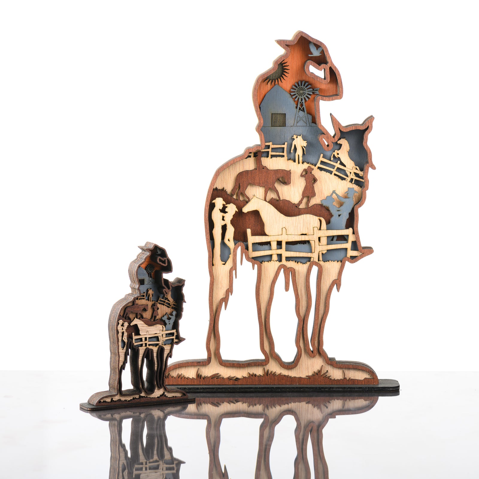 Cowboy 3D Layered Wood Artmade in Montana by RJS Engraving & Design - laser-cut wood art depicting ranch scene inside the silhouette of a cowboy on a horse, two sizes