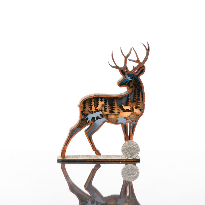 Deer 3D Layered Wood Art made in Montana by RJS Engraving & Design - laser-cut wood art depicting a nature scene inside the silhouette of a deer, Mini with scale