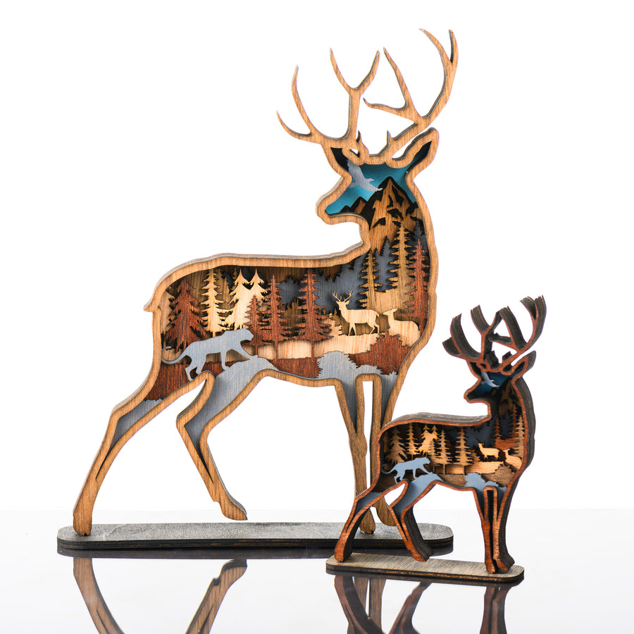 Deer 3D Layered Wood Art made in Montana by RJS Engraving & Design - laser-cut wood art depicting a nature scene inside the silhouette of a deer, two sizes