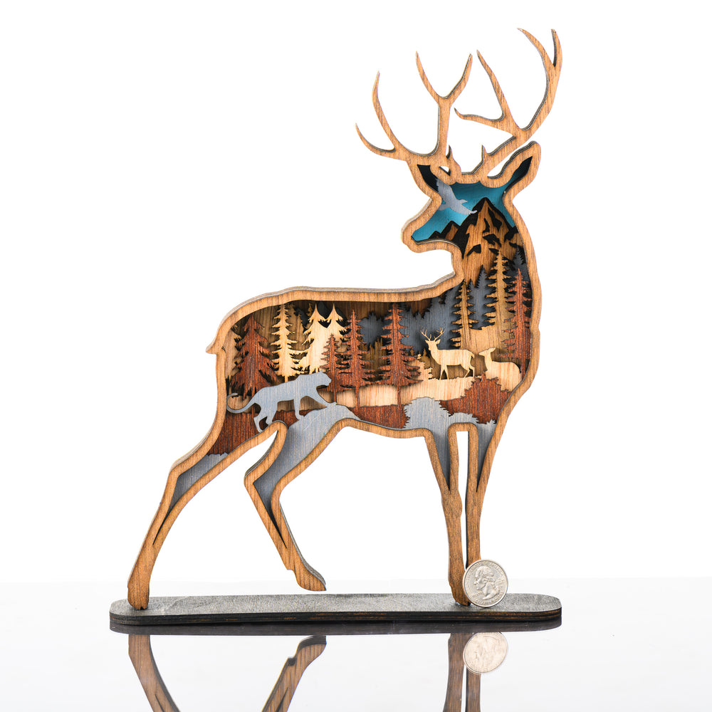 Deer 3D Layered Wood Art made in Montana by RJS Engraving & Design - laser-cut wood art depicting a nature scene inside the silhouette of a deer, Standard with scale