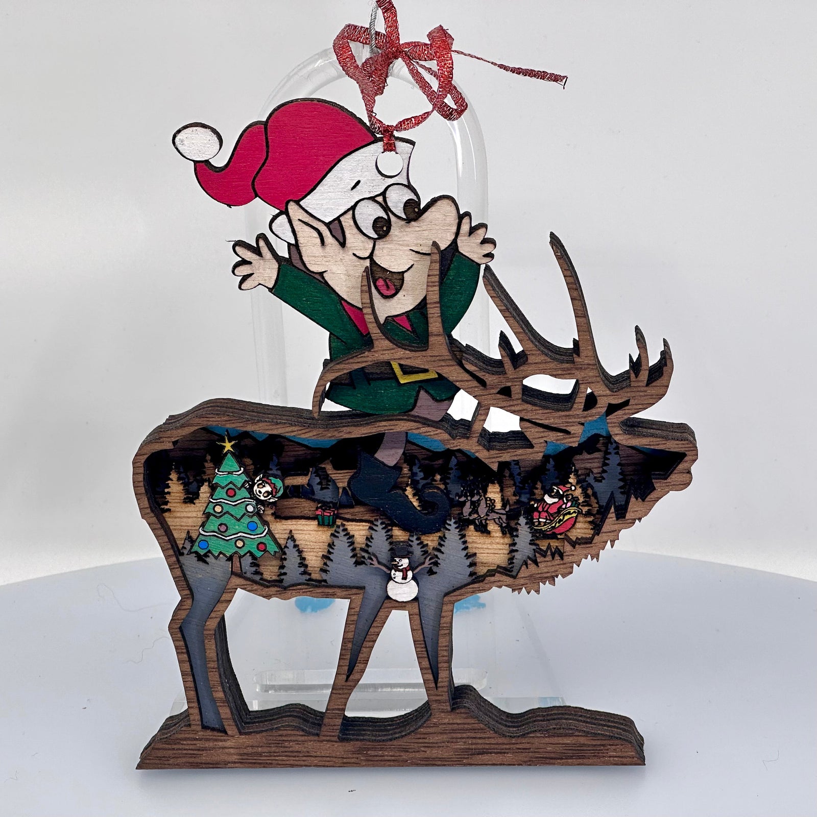 Elf Riding Elk 3D Layered Wood Art Ornament made in Montana by RJS Engraving & Design - layered wood art bison ornament