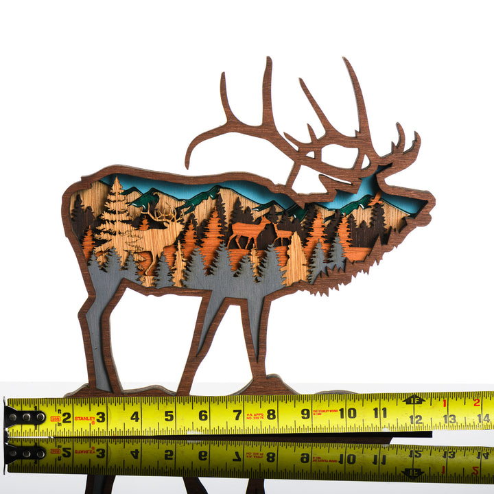 Elk 3D Layered Wood Art made in Montana by RJS Engraving & Design - laser-cut wood art depicting trees and mountains inside the silhouette of an elk, Large with scale