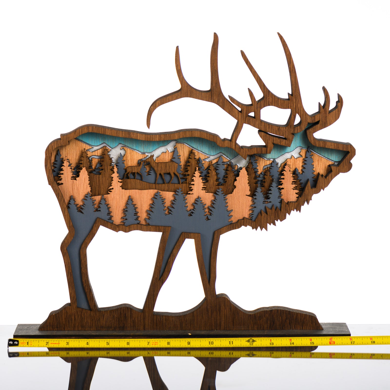 Elk 3D Layered Wood Art made in Montana by RJS Engraving & Design - laser-cut wood art depicting trees and mountains inside the silhouette of an elk, XLarge with scale