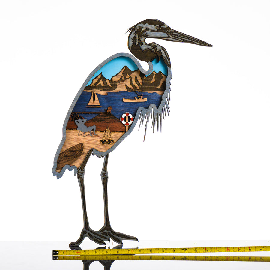Heron 3D Layered Wood Art made in Montana by RJS Engraving & Design - laser-cut wood art depicting a lake and camping scene inside the silhouette of a heron, Large with scale