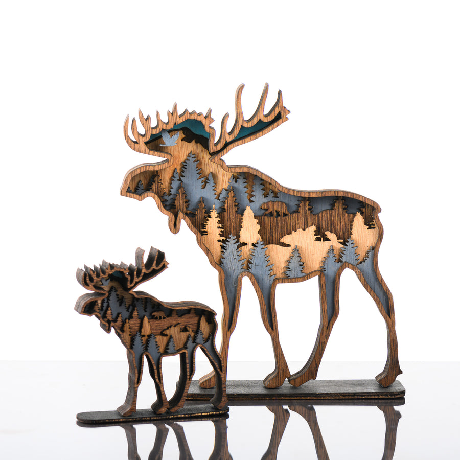 Moose 3D Layered Wood Art made in Montana by RJS Engraving & Design - laser-cut wood art depicting trees and wildlife within the silhouette of a moose, two sizes
