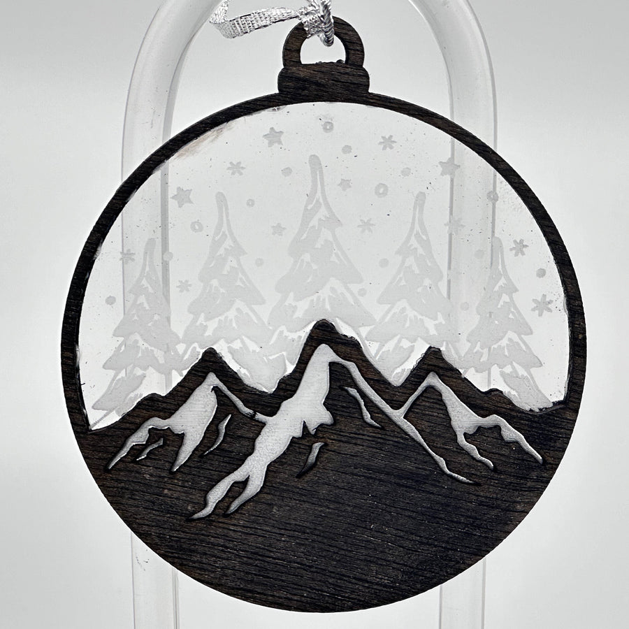 Mountains Christmas 3D Layered Wood Ornament made in Montana by RJS Engraving & Design - layered wood & frosted acrylic ornament