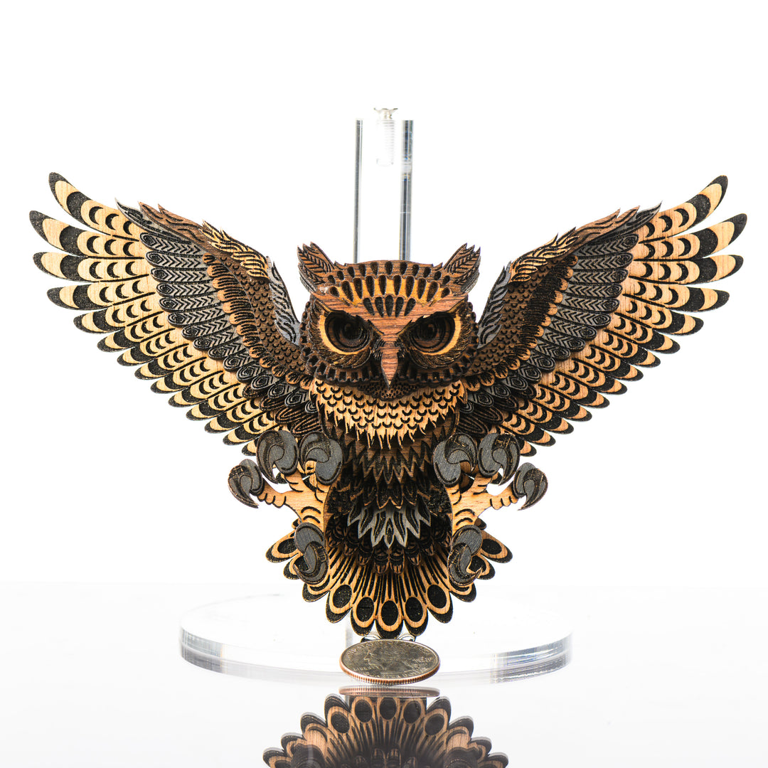 Owl 3D Layered Wood Art made in Montana by RJS Engraving & Design - laser-cut wood layers depict an owl with outstretched wings, Mini w/ scale