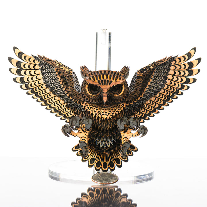 Owl 3D Layered Wood Art made in Montana by RJS Engraving & Design - laser-cut wood layers depict an owl with outstretched wings, Mini w/ scale