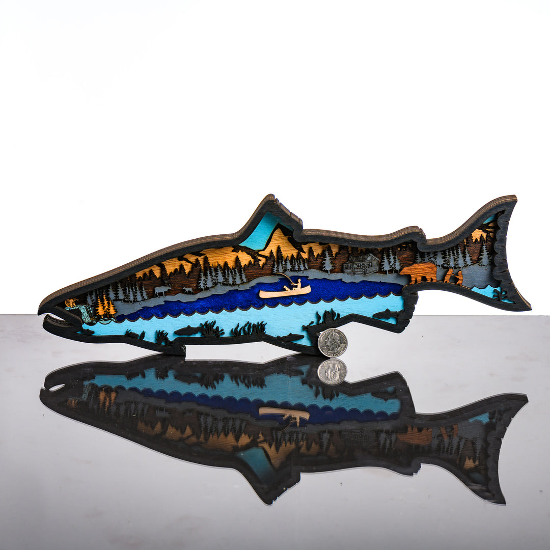 Salmon 3D Layered Wood Art made in Montana by RJS Engraving &amp; Design - laser-cut wood layers depict a mountain lake and fishing scene within the silhouette of a salmon, Standard w/ scale