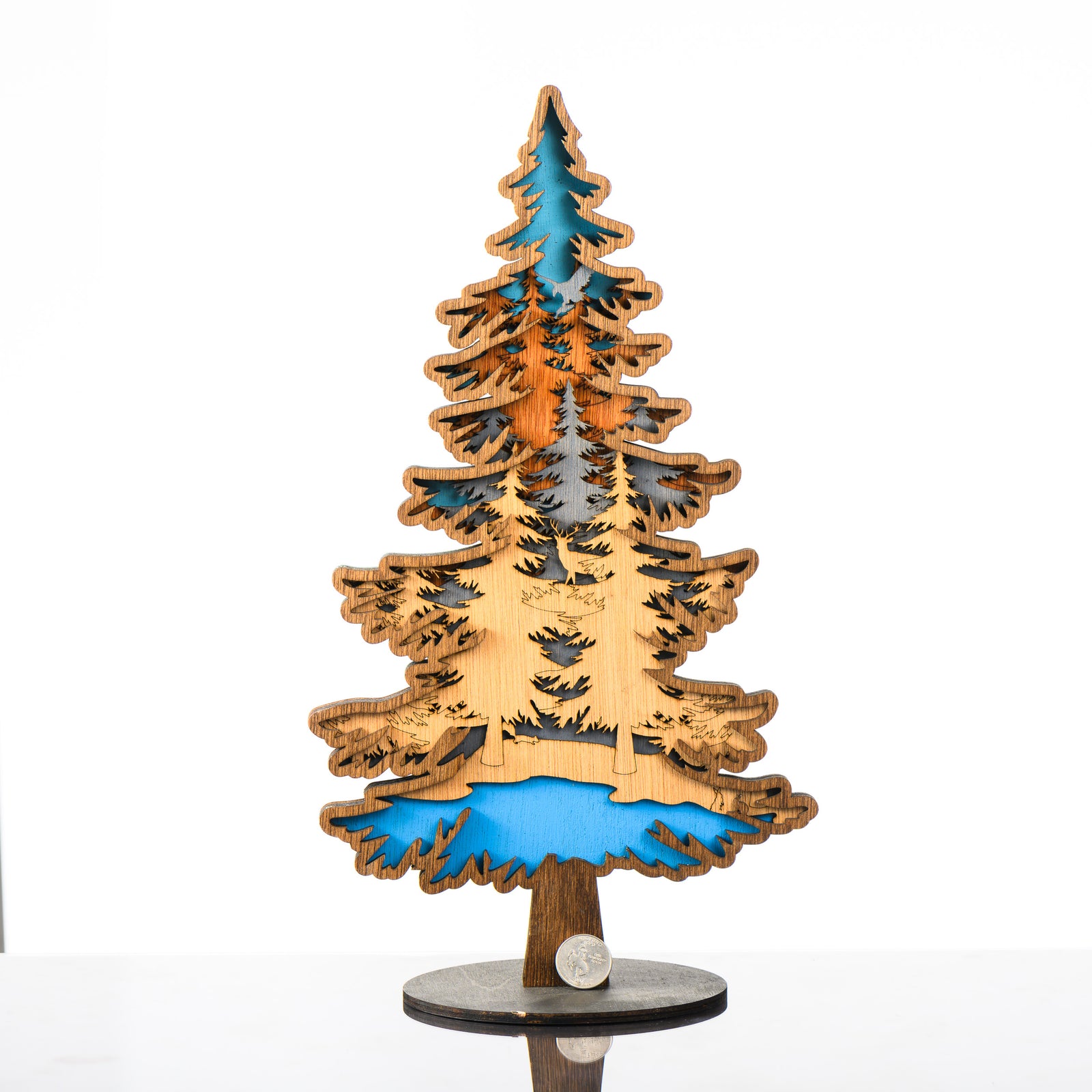 Tree 3D Layered Wood Art made in Montana by RJS Engraving & Design - laser-cut wood layers depict a forest and mountain within the silhouette of a tree, Large w/ scale