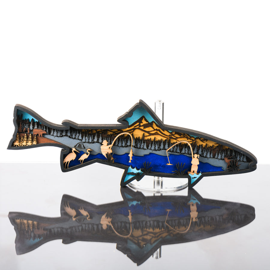 Trout 3D Layered Wood Art made in Montana by RJS Engraving & Design - laser-cut wood layers depict a mountain lake and fishing scene within the silhouette of a trout, Standard